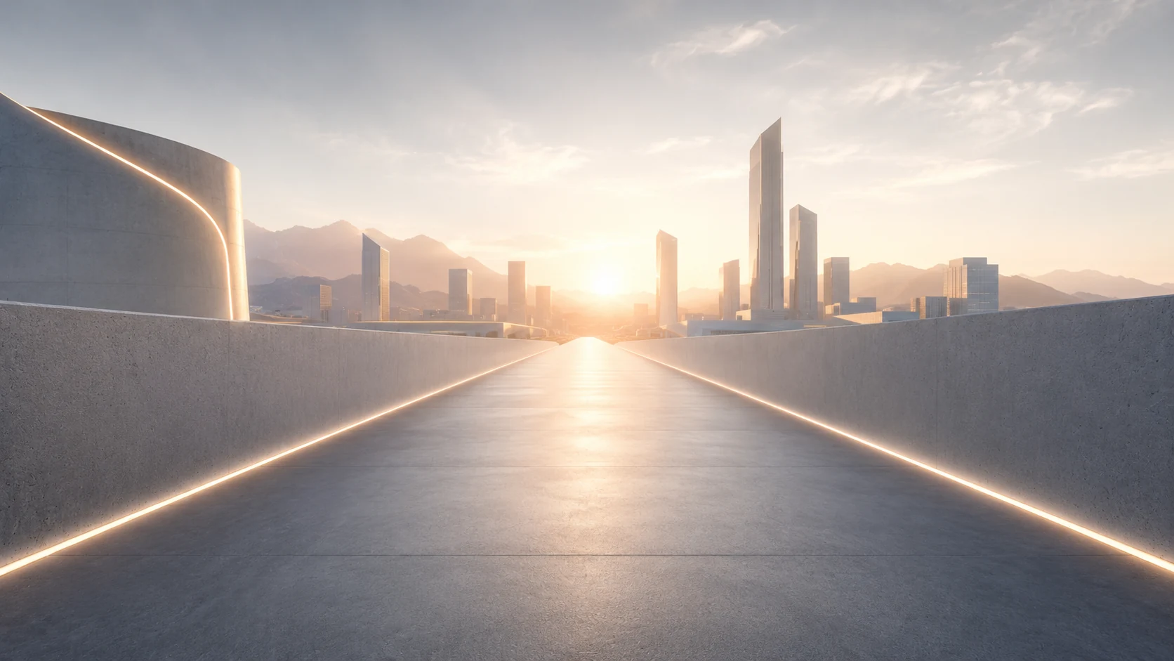 A clear pathway toward a city at sunrise