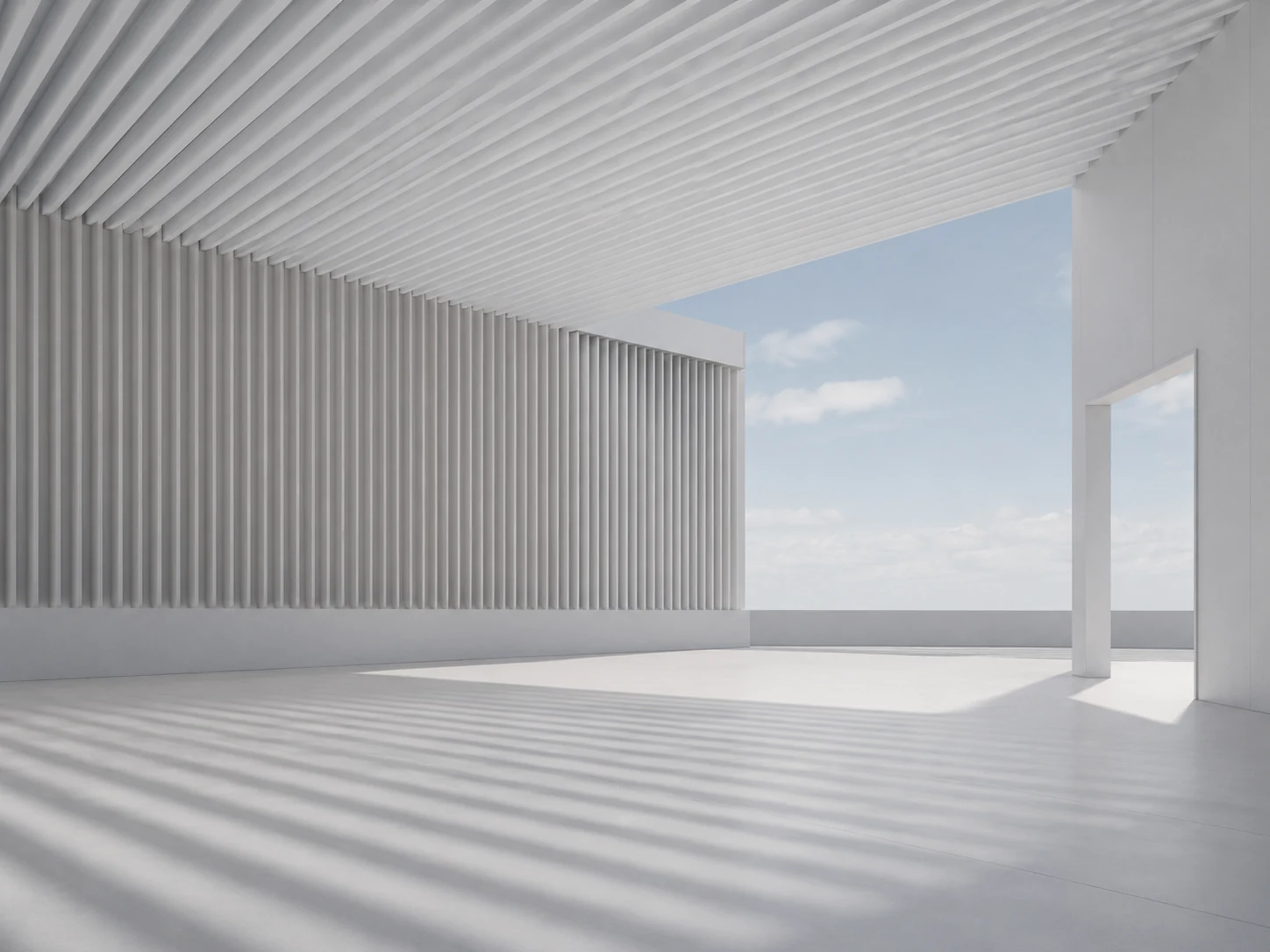 A structured architectural path emerging into light